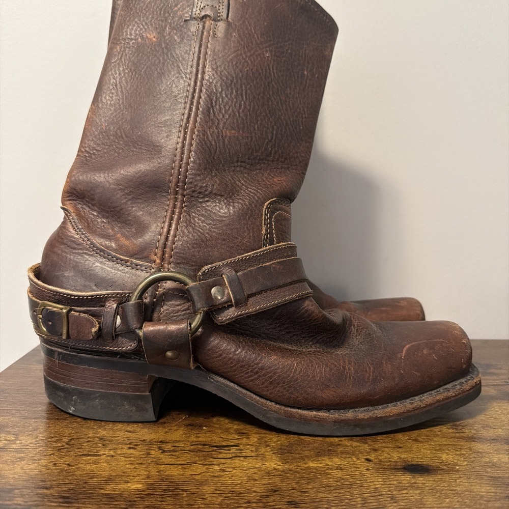 FRYE Brown Leather Belted Harness 12R Mid-Calf Boots, Square Toe Buckle, Sz 9M - Picture 2 of 10